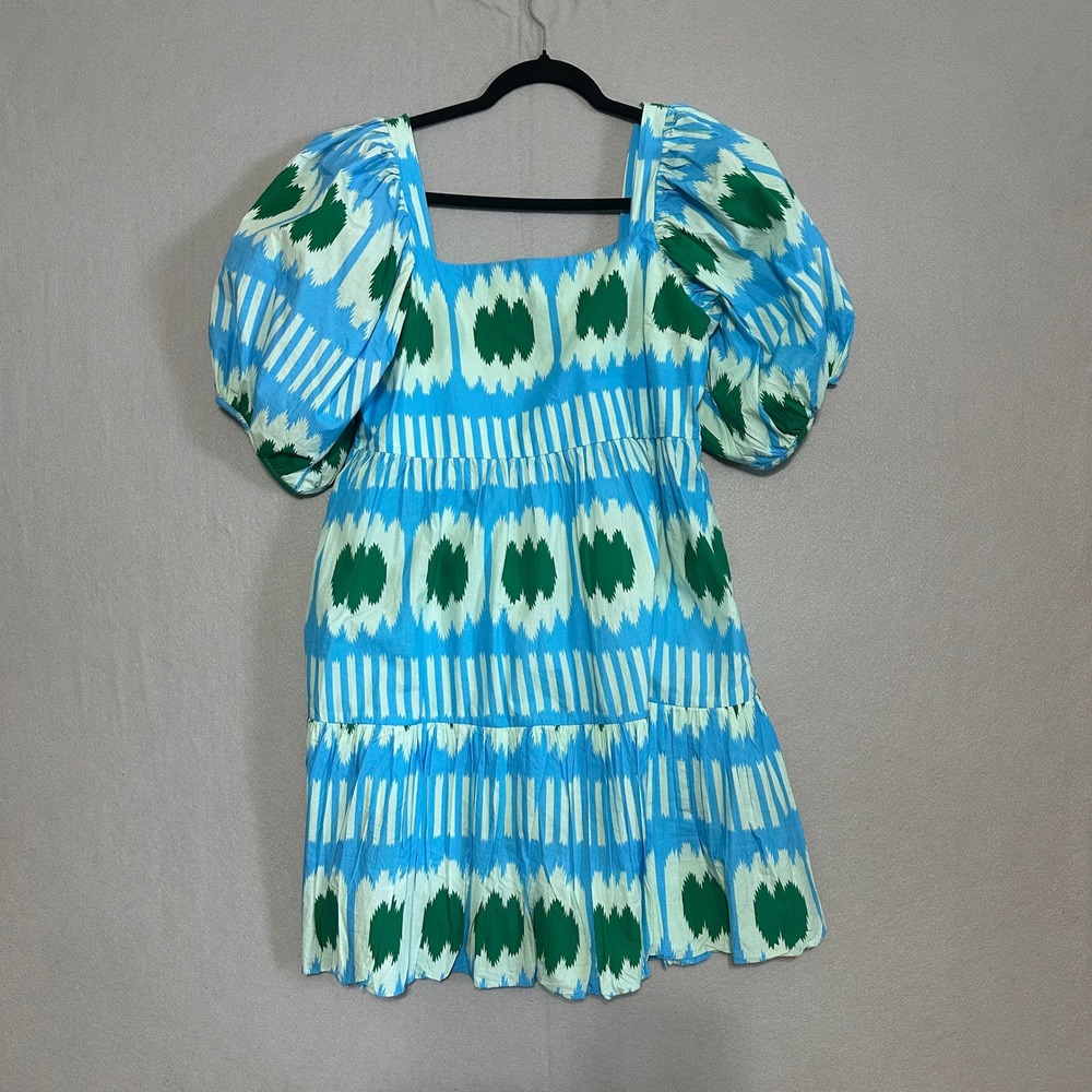 Oliphant Blue Green Ikat Cotton Puff Sleeve Smocked Mini Dress Womens Large